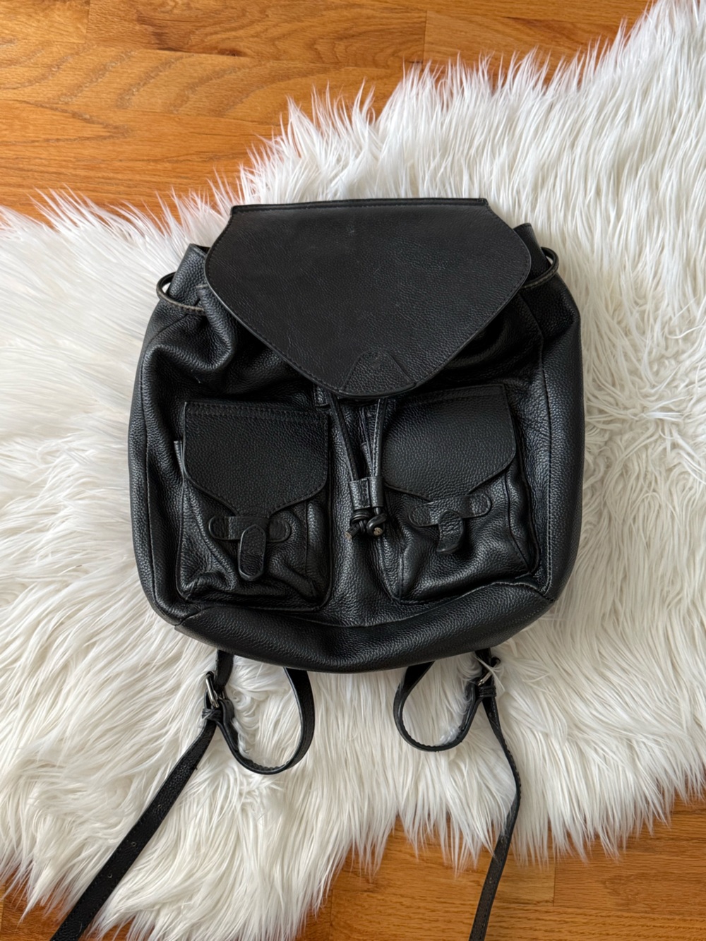 Classic Black Leather Drawstring Backpack